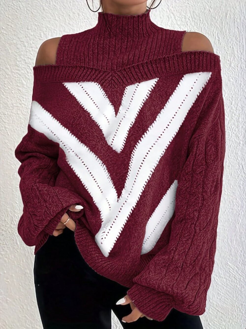 Burgundy Casual Women's Plus Size Off-Shoulder High Collar Cable Knit Sweater